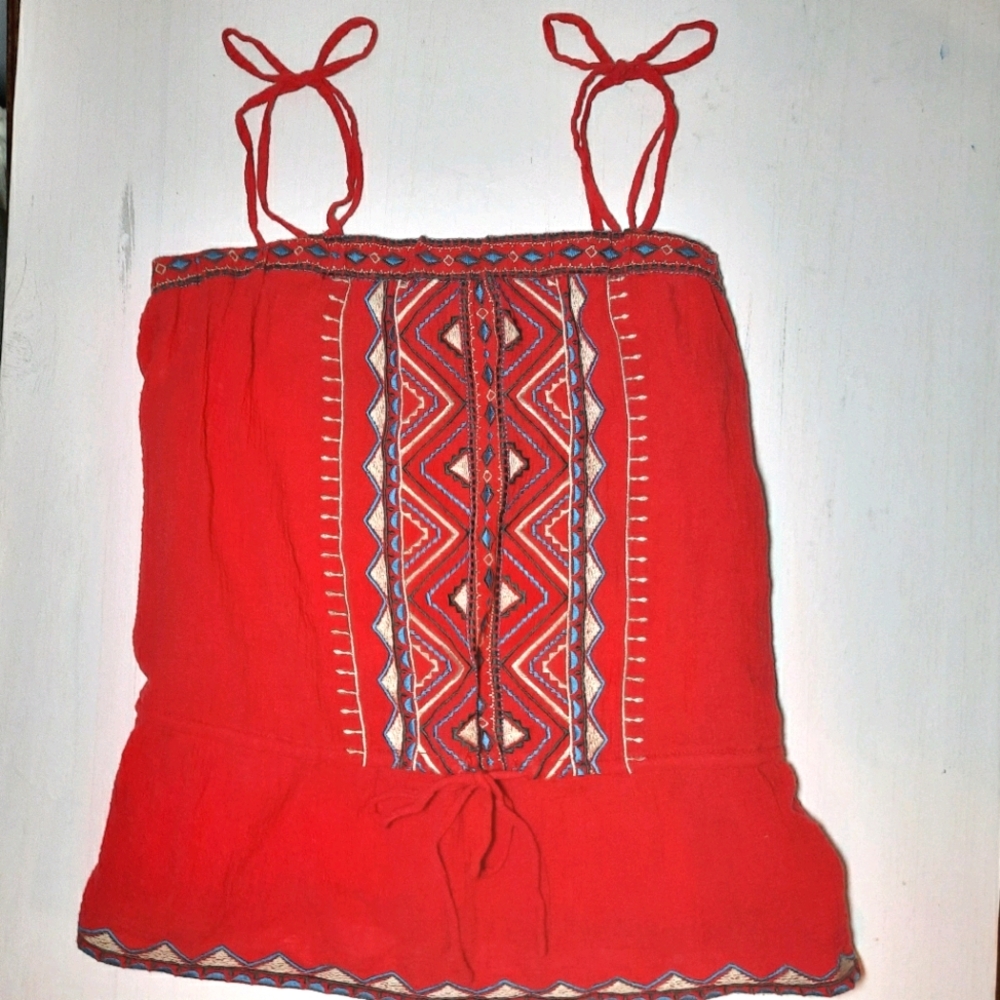 XXI Vibrant Red Tribal Stitched Design Blouse